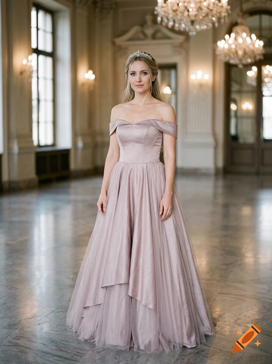 Photorealistic full-length portrait of a blonde woman with blue eyes wearing an ashy pink off-the-shoulder ball gown and a silver tiara inside a grand hall.