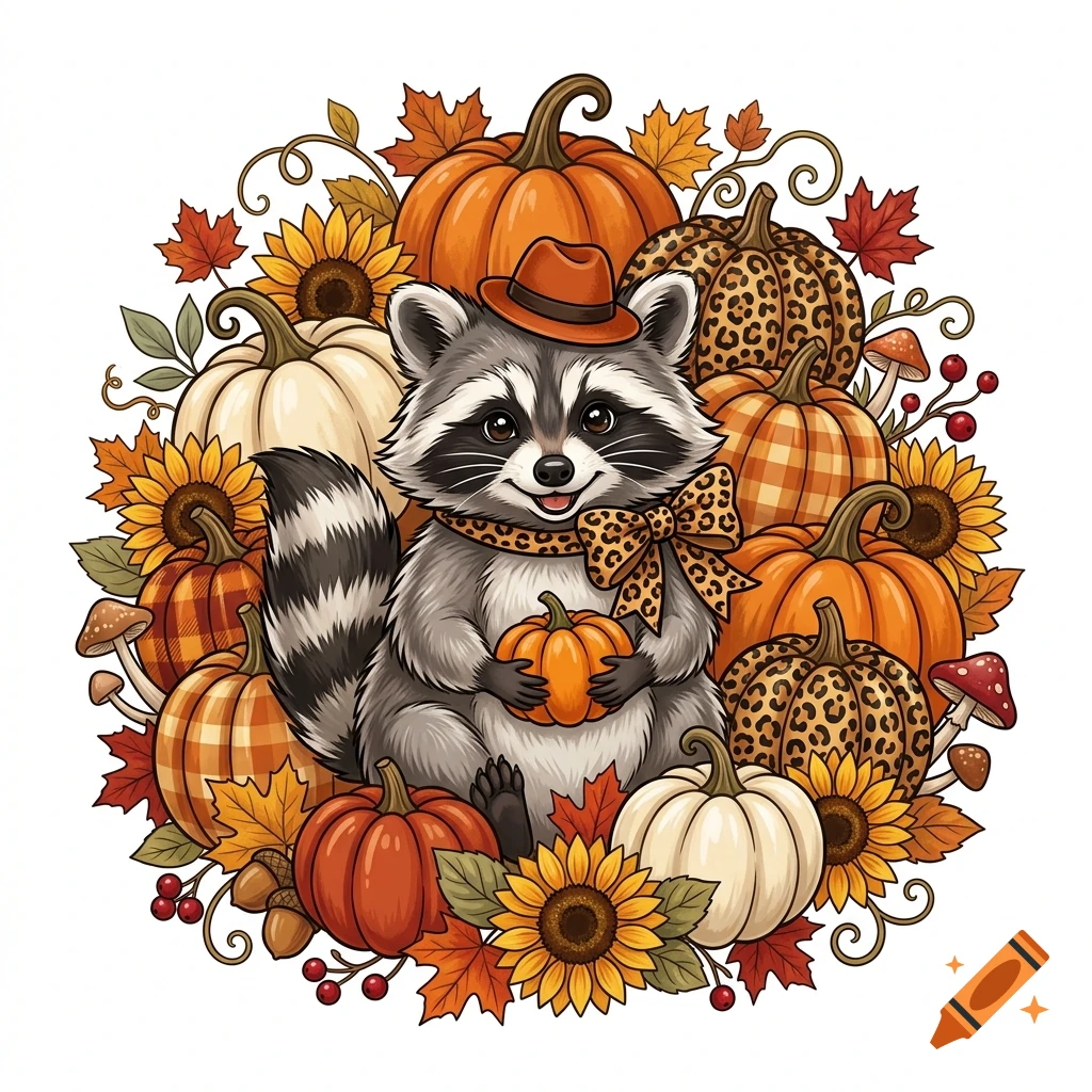A cute fluffy raccoon wearing a small orange hat and leopard-print bow, surrounded by an autumn display of pumpkins, sunflowers, and leaves.