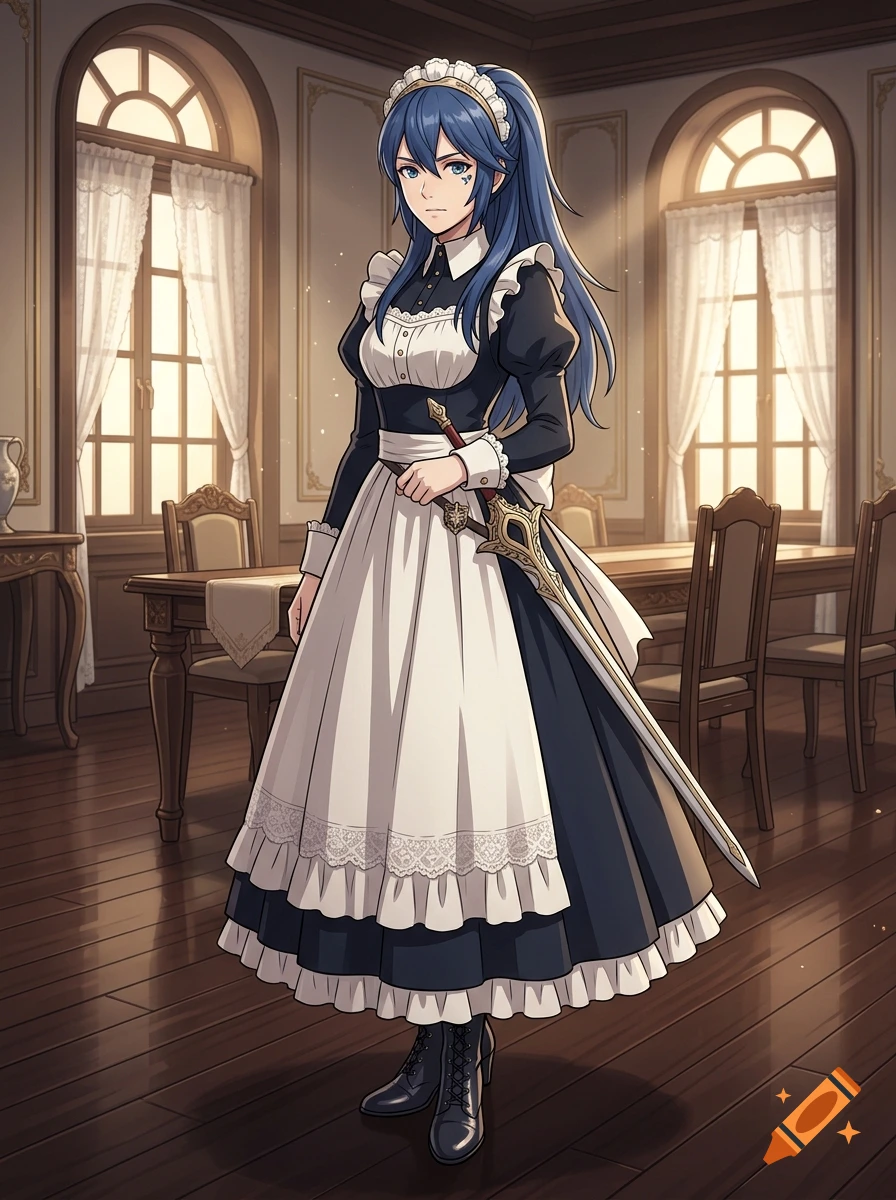 Anime style illustration of Lucina from Fire Emblem wearing a maid outfit holding a sword inside a dining room.