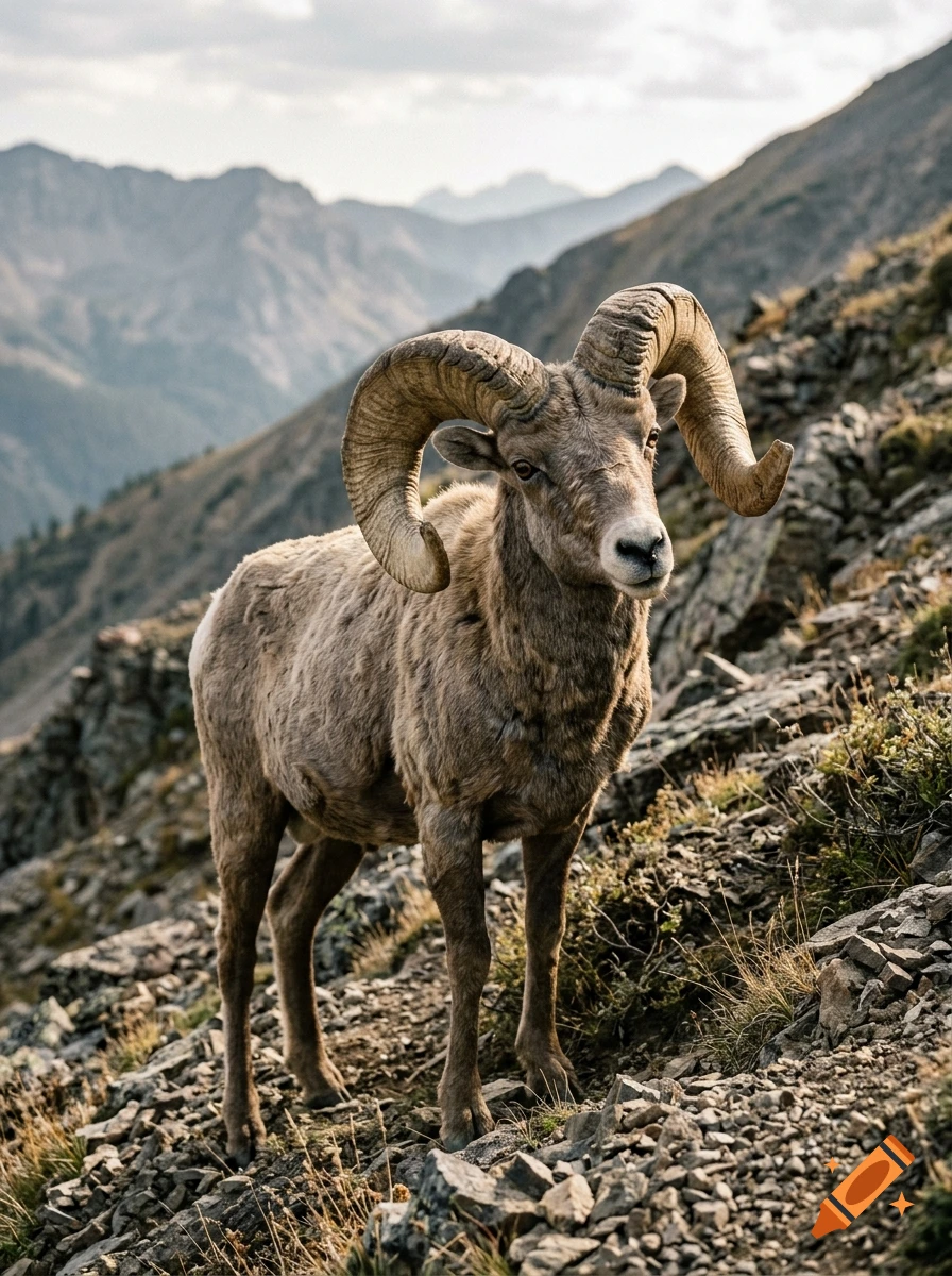 Photorealistic image of a bighorn sheep standing on a rocky mountain slope with distant peaks.