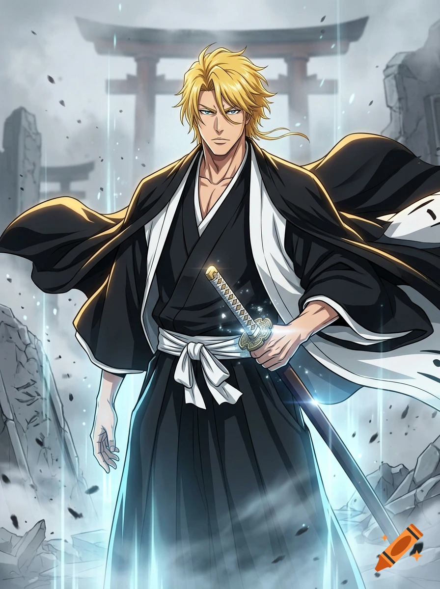 Anime illustration of a male captain with golden hair, blue eyes, wearing a black and white haori, holding a katana sword.