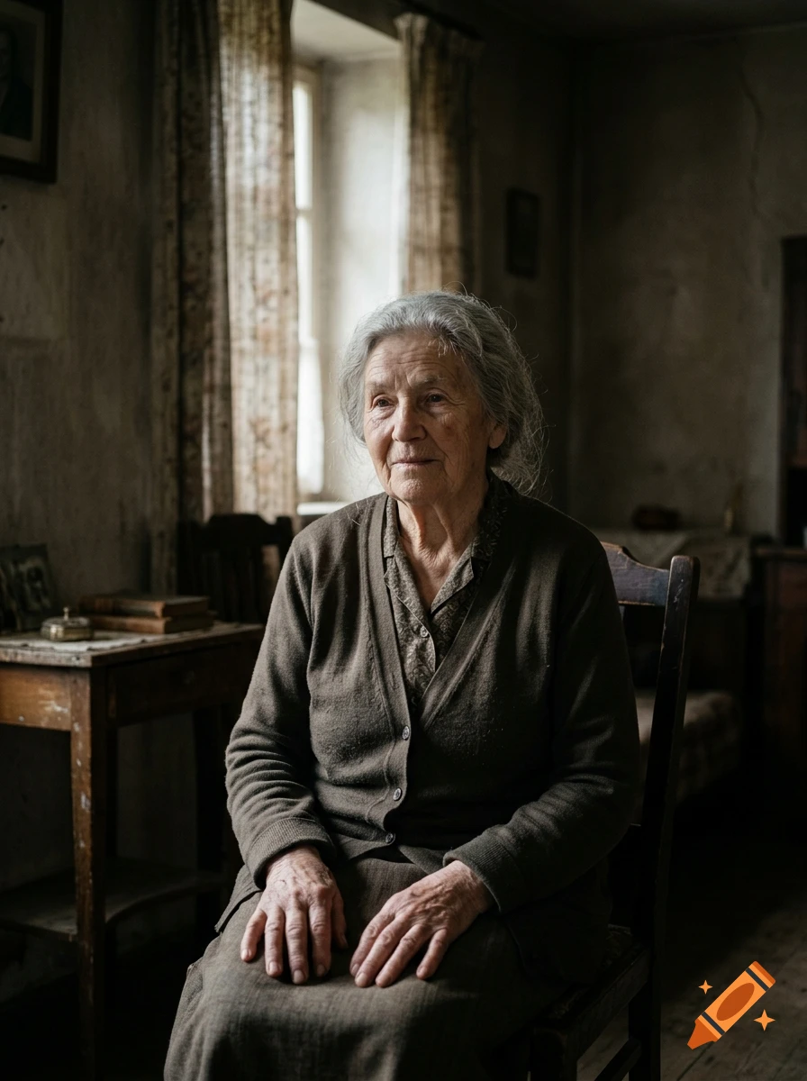 An elderly woman with grey hair sitting on a wooden chair inside a rustic room.