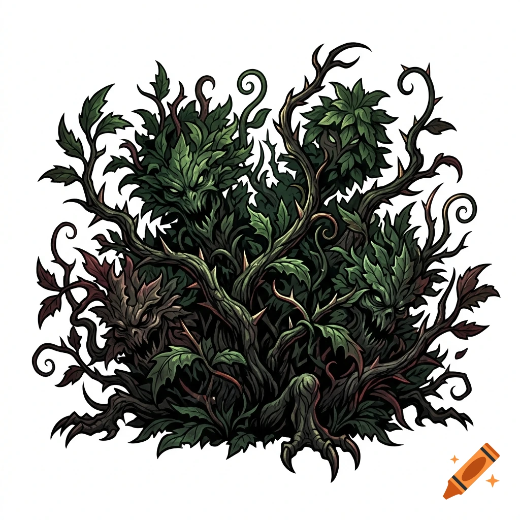 Digital illustration of a malevolent plant monster or shambling mound with thorny vines and glowing green eyes.