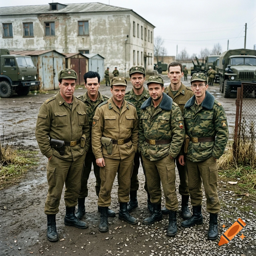 A group of six military personnel in uniform standing outdoors in a muddy lot near trucks and old buildings.