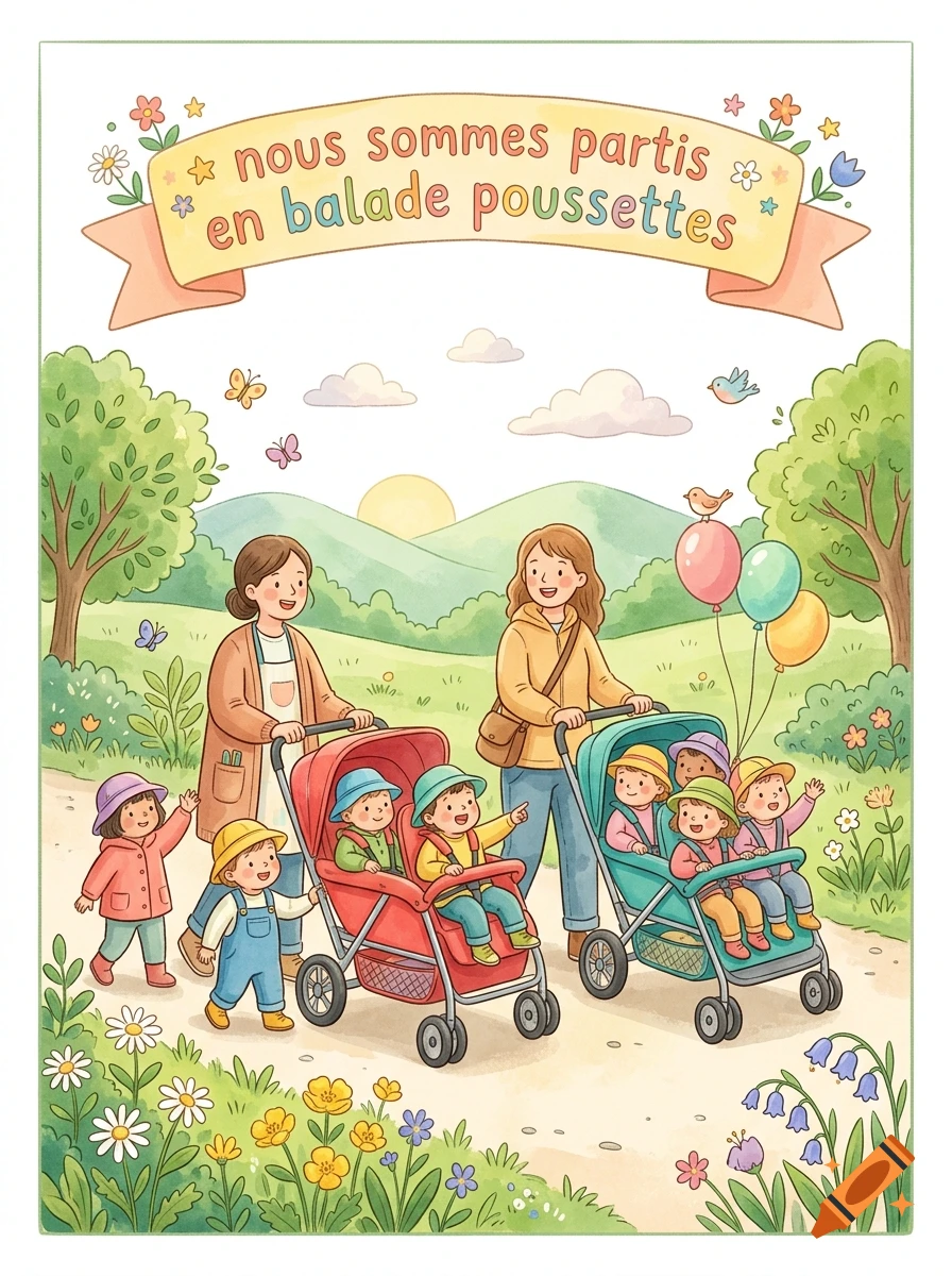 Watercolor illustration of two adults walking in a park with multiple toddlers in strollers, with a banner at the top.