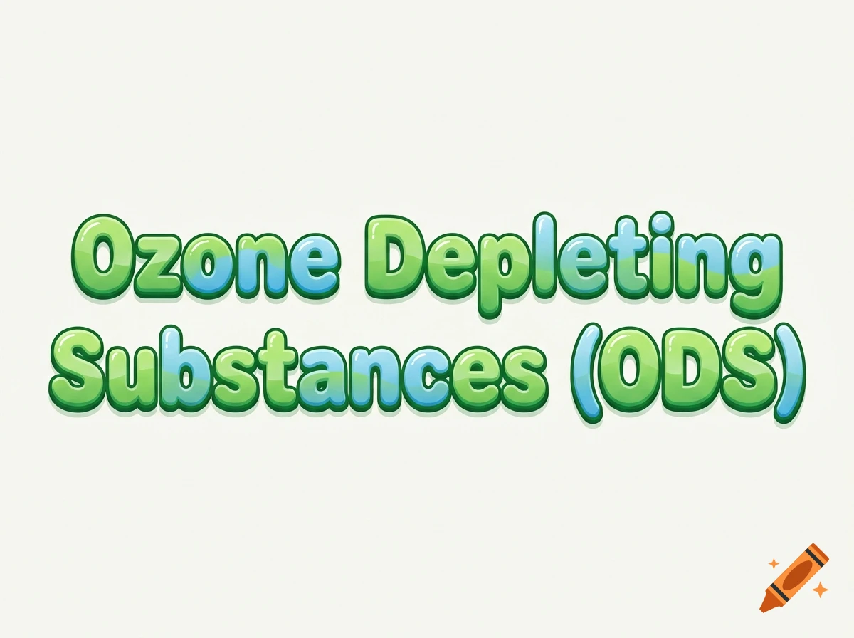 Green and blue glossy bubble letters spelling out 'Ozone Depleting Substances (ODS)' against an off-white background.