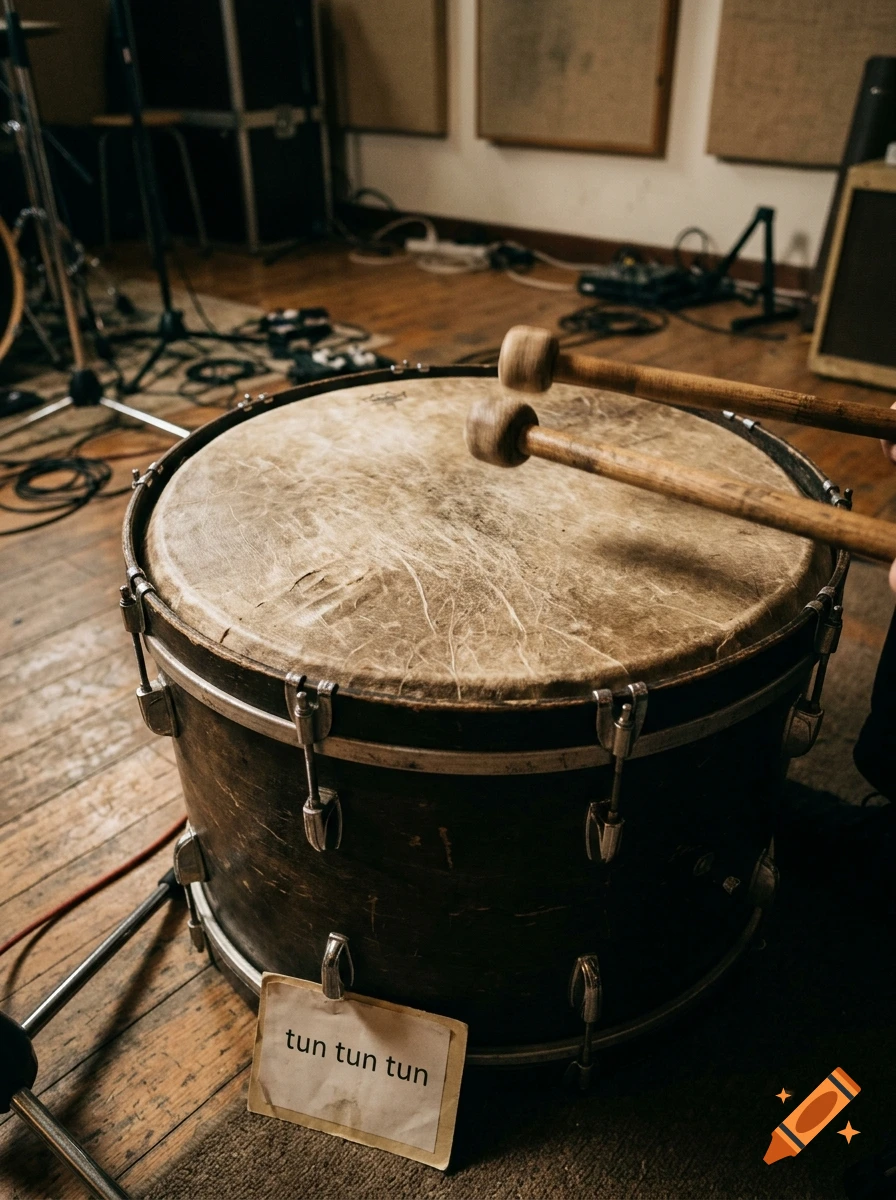 Photorealistic close-up of a large floor drum with drumsticks playing on top, with a sign reading 'tun tun tun'.