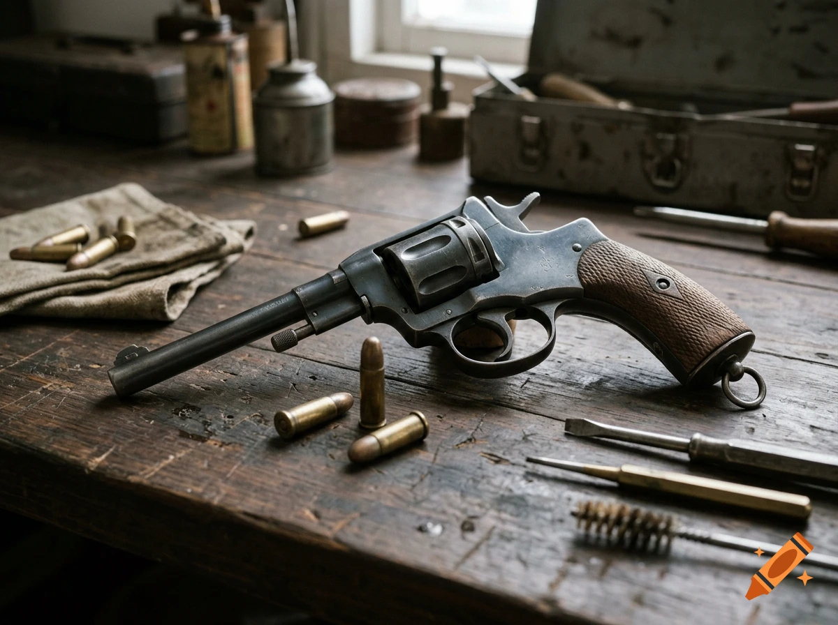 Photorealistic image of a vintage Nagant revolver and ammunition on a wooden workshop table with tools.