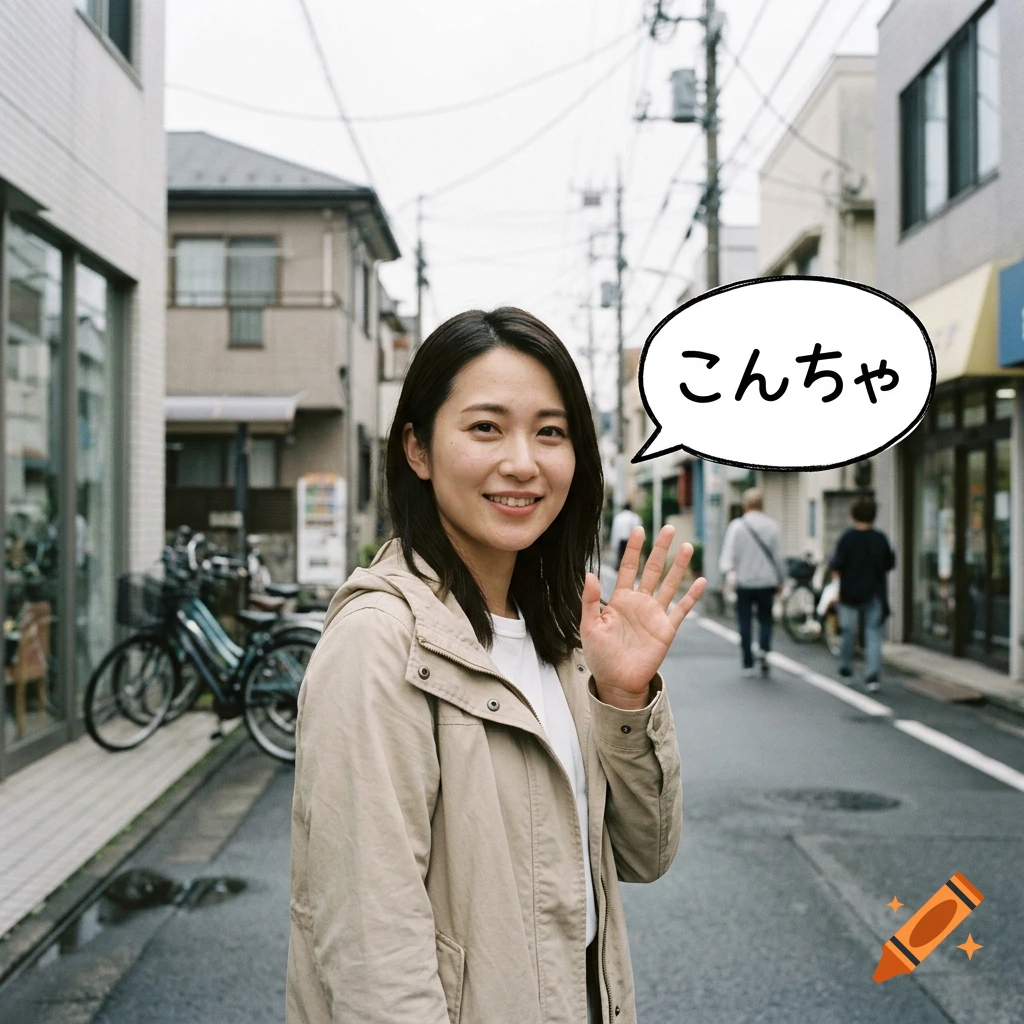 A young Asian woman waving and smiling on a Japanese street with a speech bubble containing Japanese text.