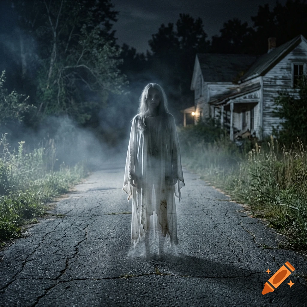 A ghostly figure in a white gown stands on a cracked road shrouded in mist at night, with an old house in the background.