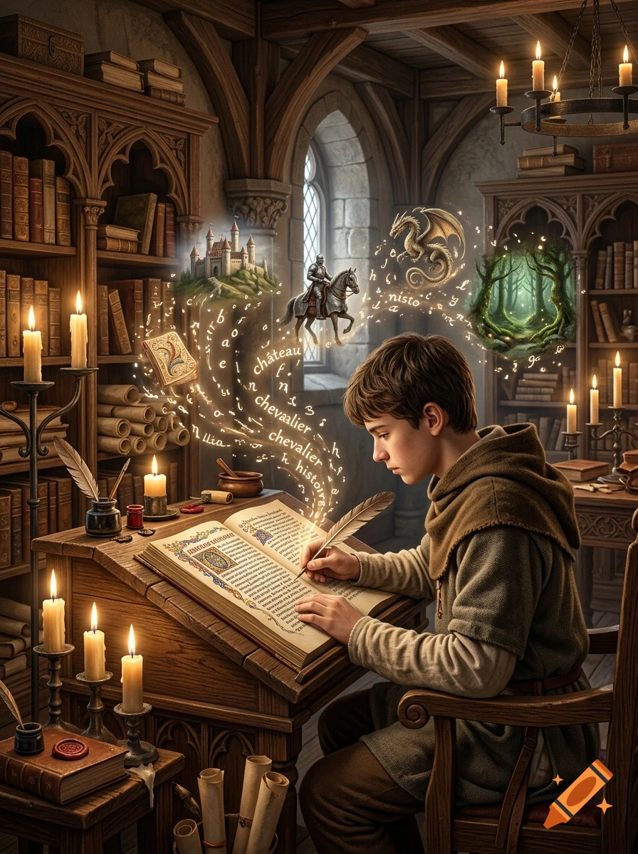 A young medieval writer at a wooden desk in a scriptorium, with glowing letters transforming into fantastical elements.