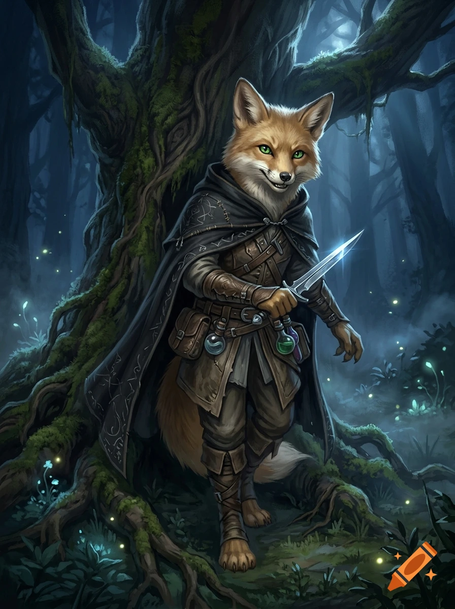 Fantasy digital illustration of a foxfolk alchemist in a dark forest, wearing a black cloak and holding a dagger.