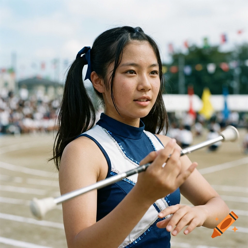 Close-up photo of a Japanese junior girl with pigtails holding a baton, outdoors during a baton twirling routine.