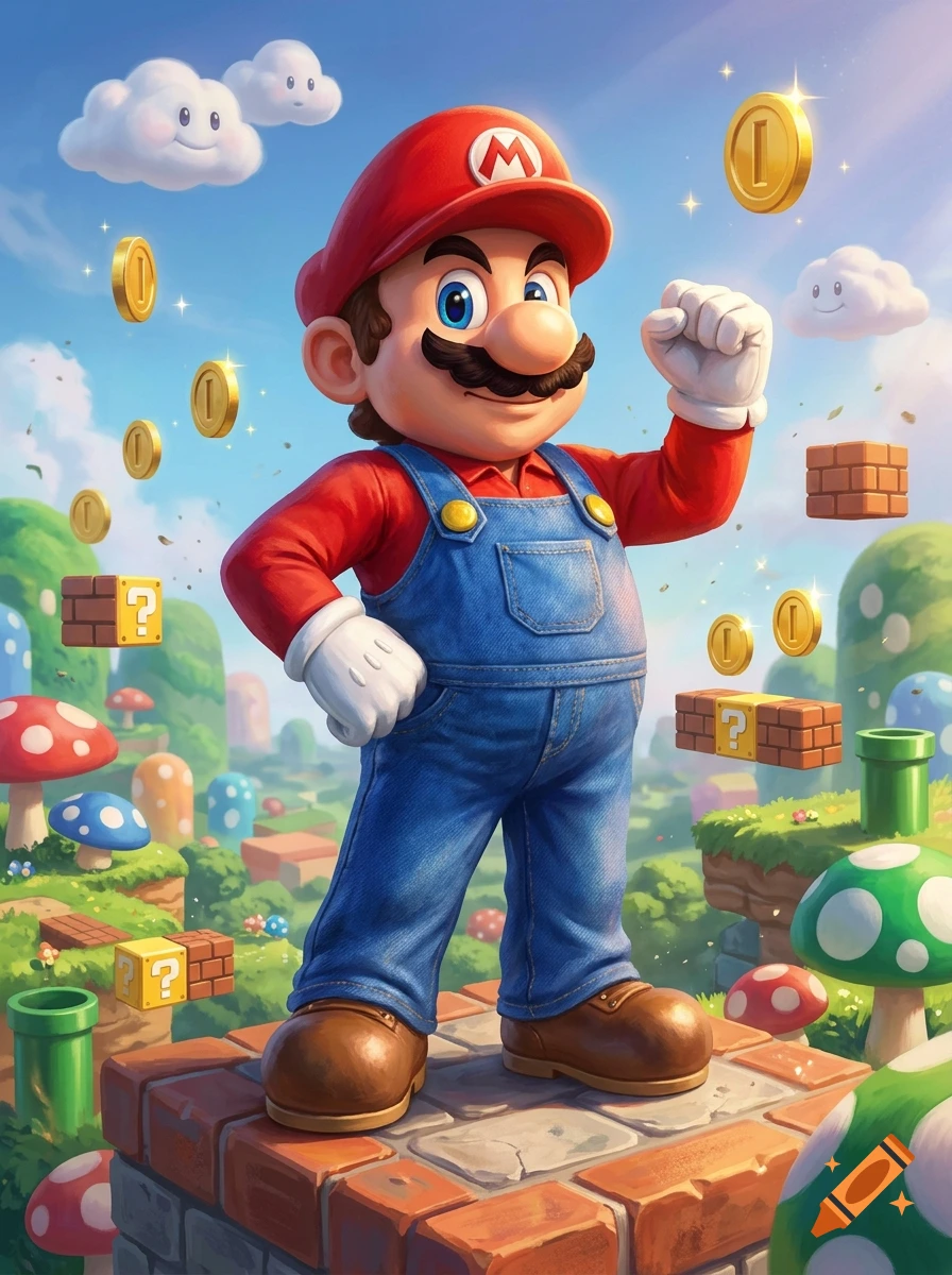 Mario posing triumphantly on a brick platform in a vibrant mushroom kingdom with floating coins and clouds, digital art style.
