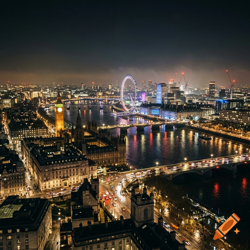 Aerial night view of London featuring the Houses of Parliament, Big Ben, and the London Eye illuminated over the River Thames.