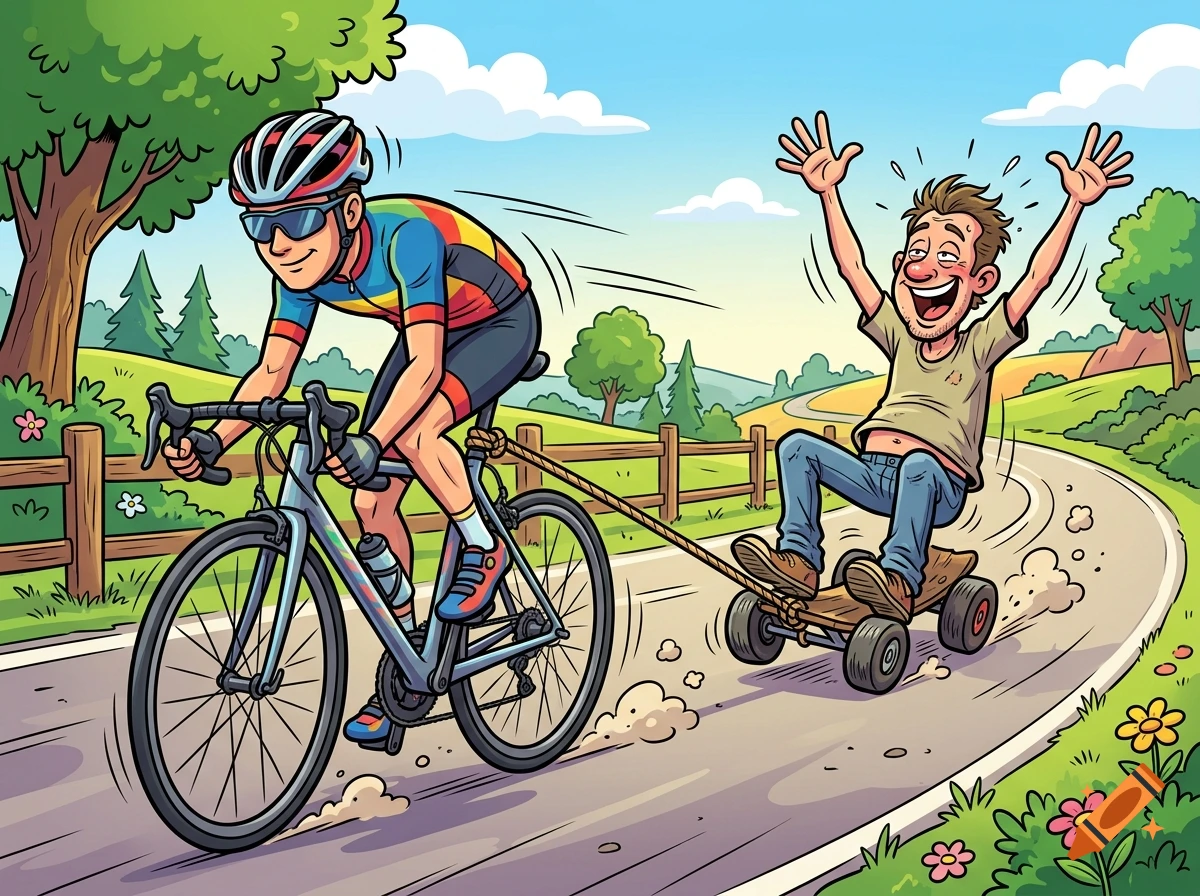Comic style illustration of a cyclist towing a joyful man riding a makeshift skateboard on a road.