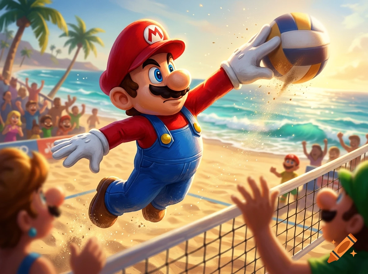Mario jumping and spiking a volleyball on a sunny beach with spectators, digital art style.