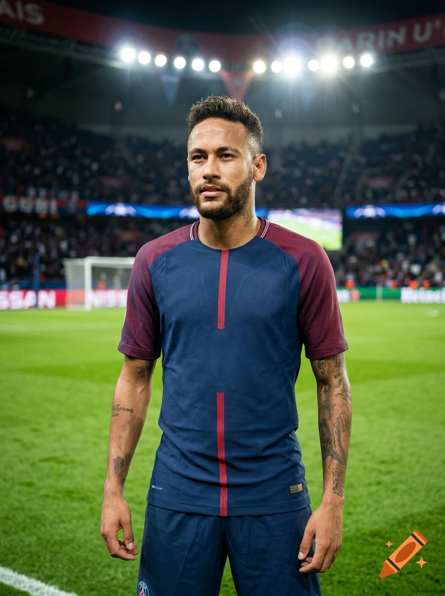 A photograph of Neymar in a blue and red soccer uniform standing on a pitch inside a stadium.