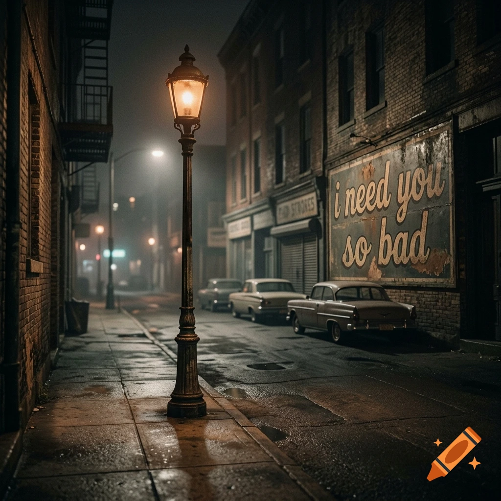 Photorealistic night scene of a wet city alleyway with a street lamp and a vintage sign reading 'i need you so bad'.