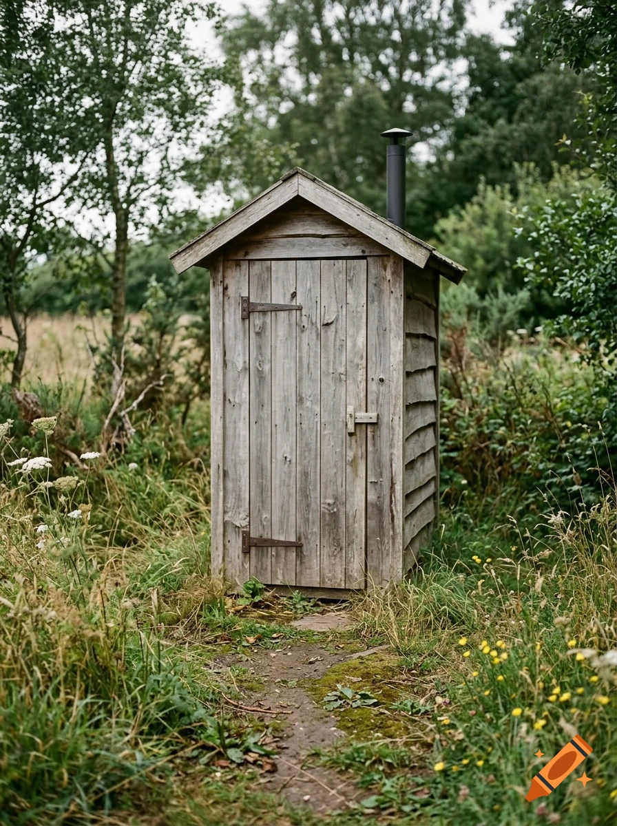 Photorealistic image of a rustic wooden outhouse in a grassy, overgrown field surrounded by trees.