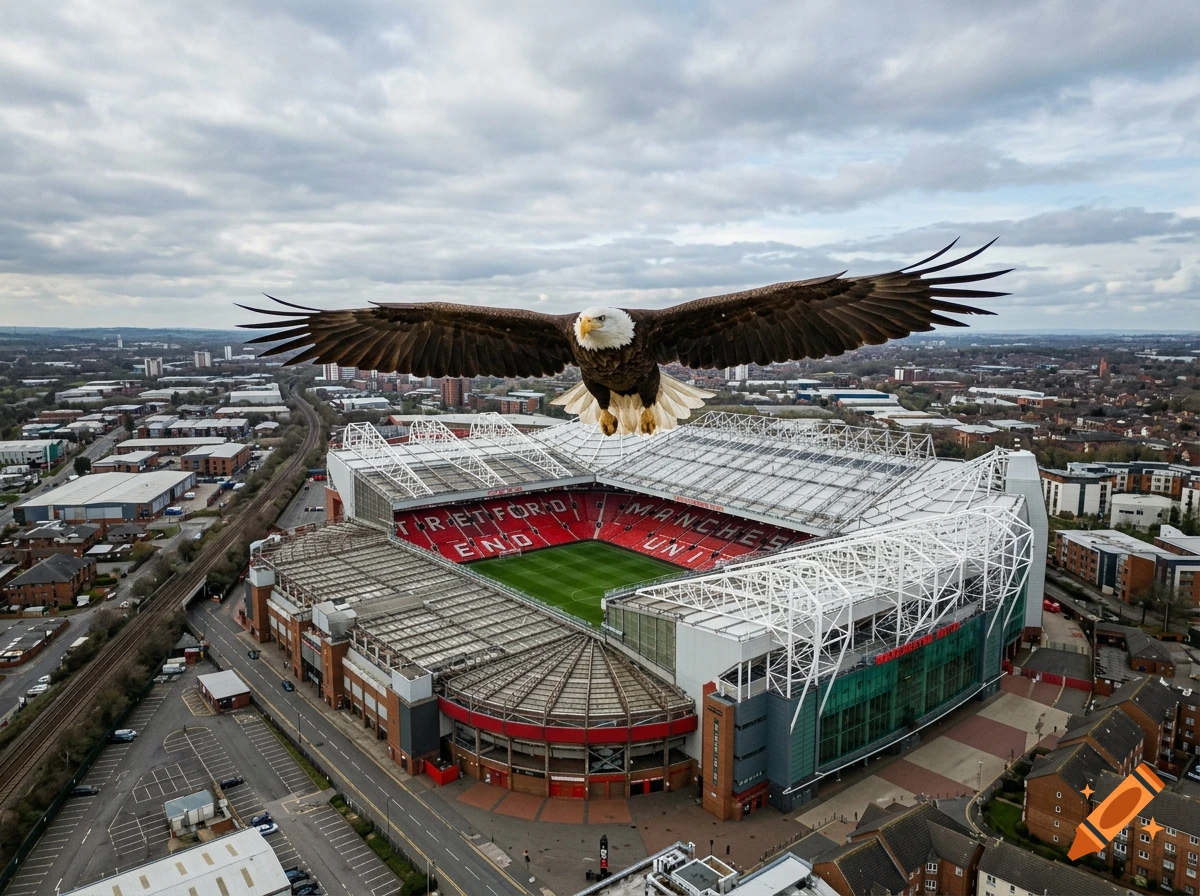 An aerial photograph of a bald eagle flying above Old Trafford stadium under a cloudy sky.
