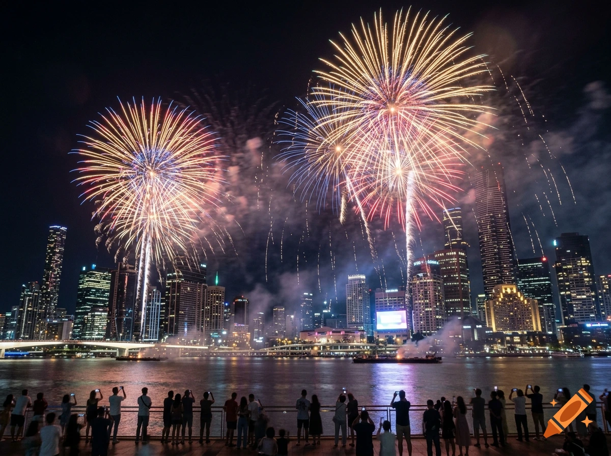 Photorealistic night scene of a city skyline with large colorful fireworks exploding over a river, viewed by a crowd.