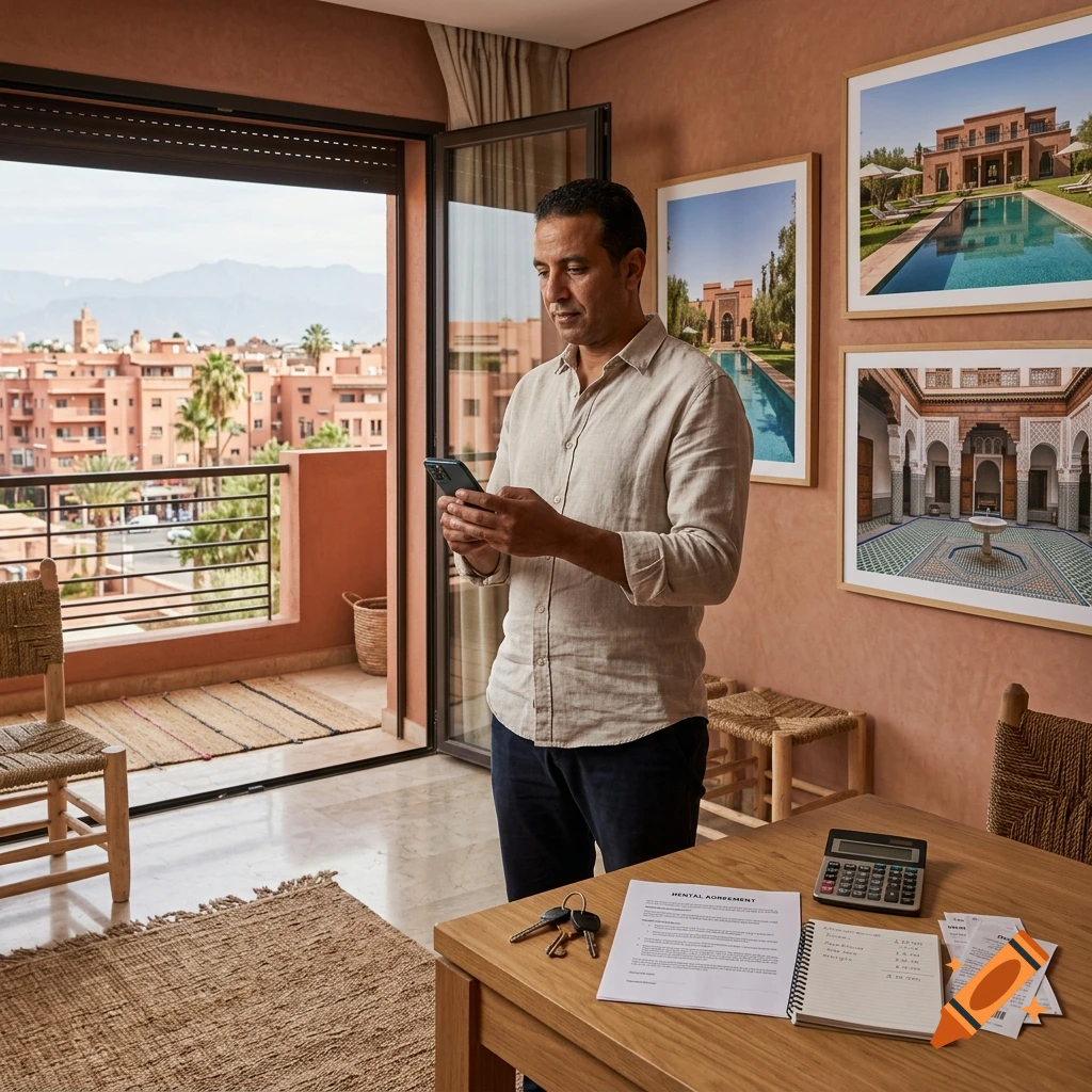 A man in a linen shirt stands in a modern apartment looking at his phone, with documents and a calculator on a wooden table.