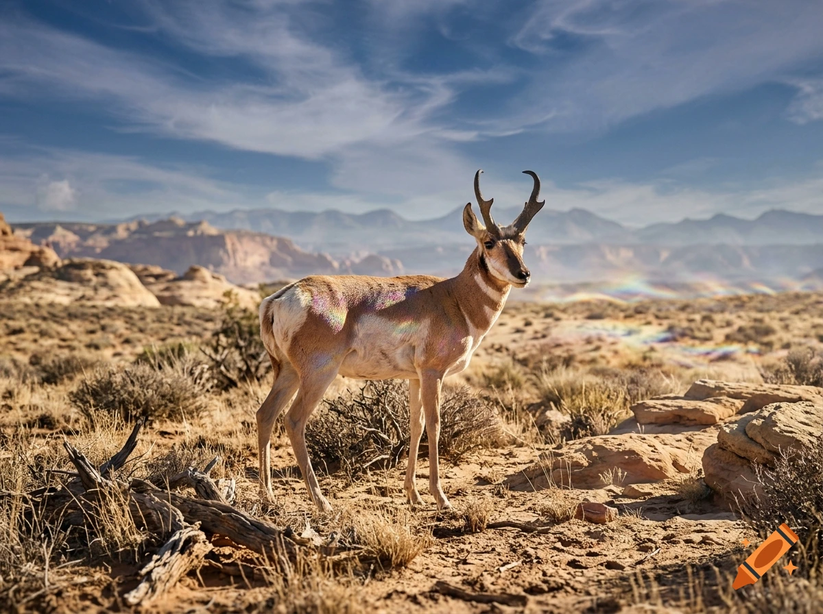 Photorealistic pronghorn standing in a desert landscape with iridescent rainbow patterns on its fur under a cloudy sky.