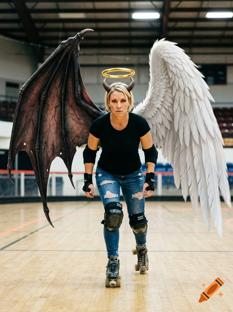 Photorealistic image of a woman on roller skates with one large bat-like demon wing and one large white angel wing, wearing a halo.