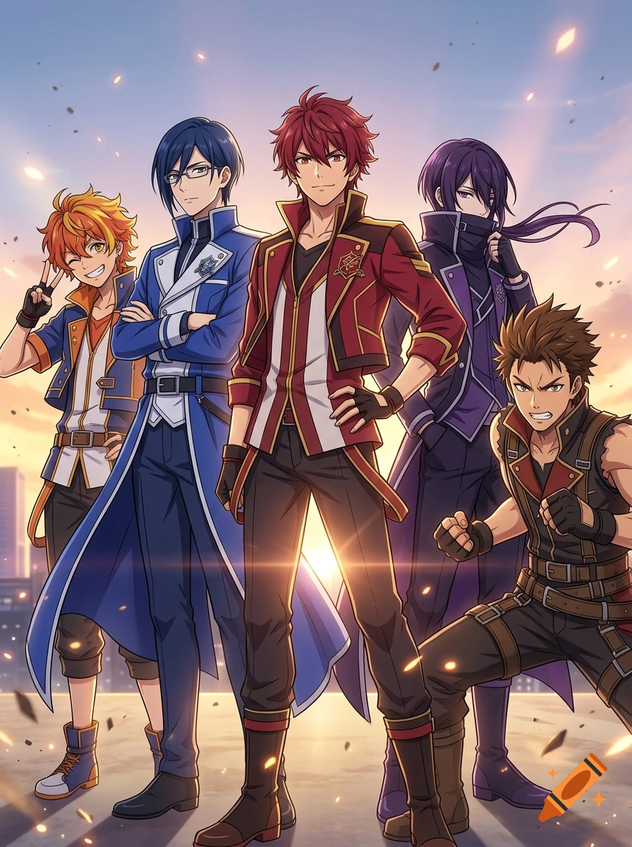 Anime style digital illustration of a team of five diverse male heroes posing dynamically outdoors at sunset.