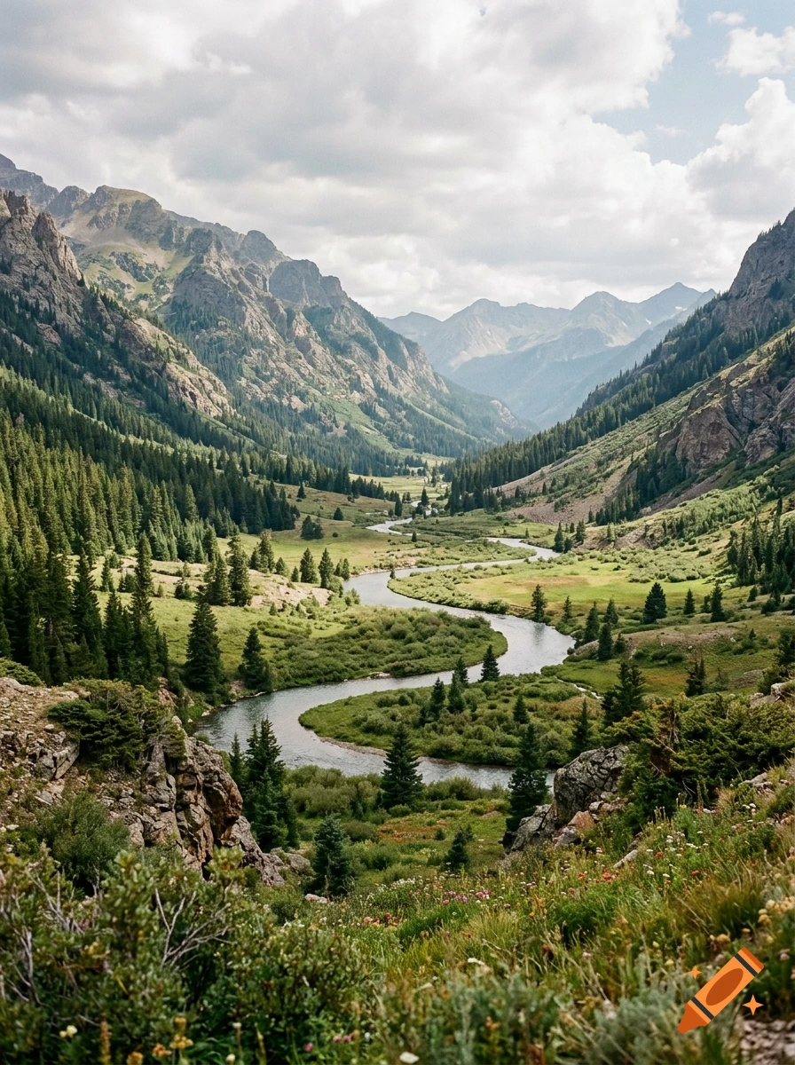Photorealistic scenic view of a winding river flowing through a lush green valley surrounded by majestic mountains under a cloudy sky.