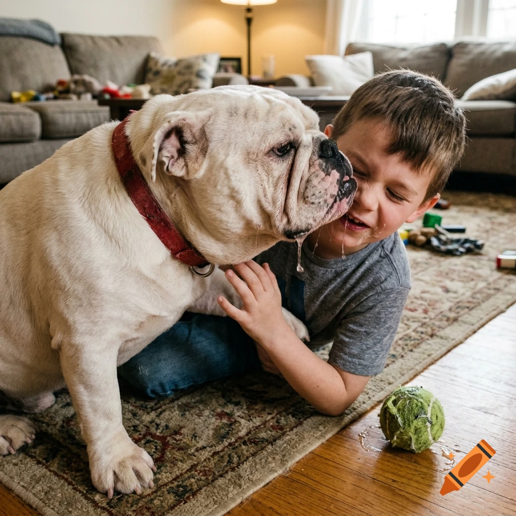 An English bulldog licking a young boy's face with saliva, indoors on a rug with a tennis ball.