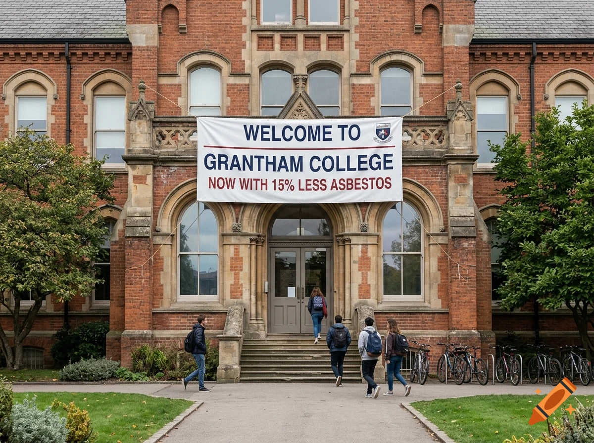 Students walking towards a brick college building with a large banner reading welcome to Grantham College, photorealistic.