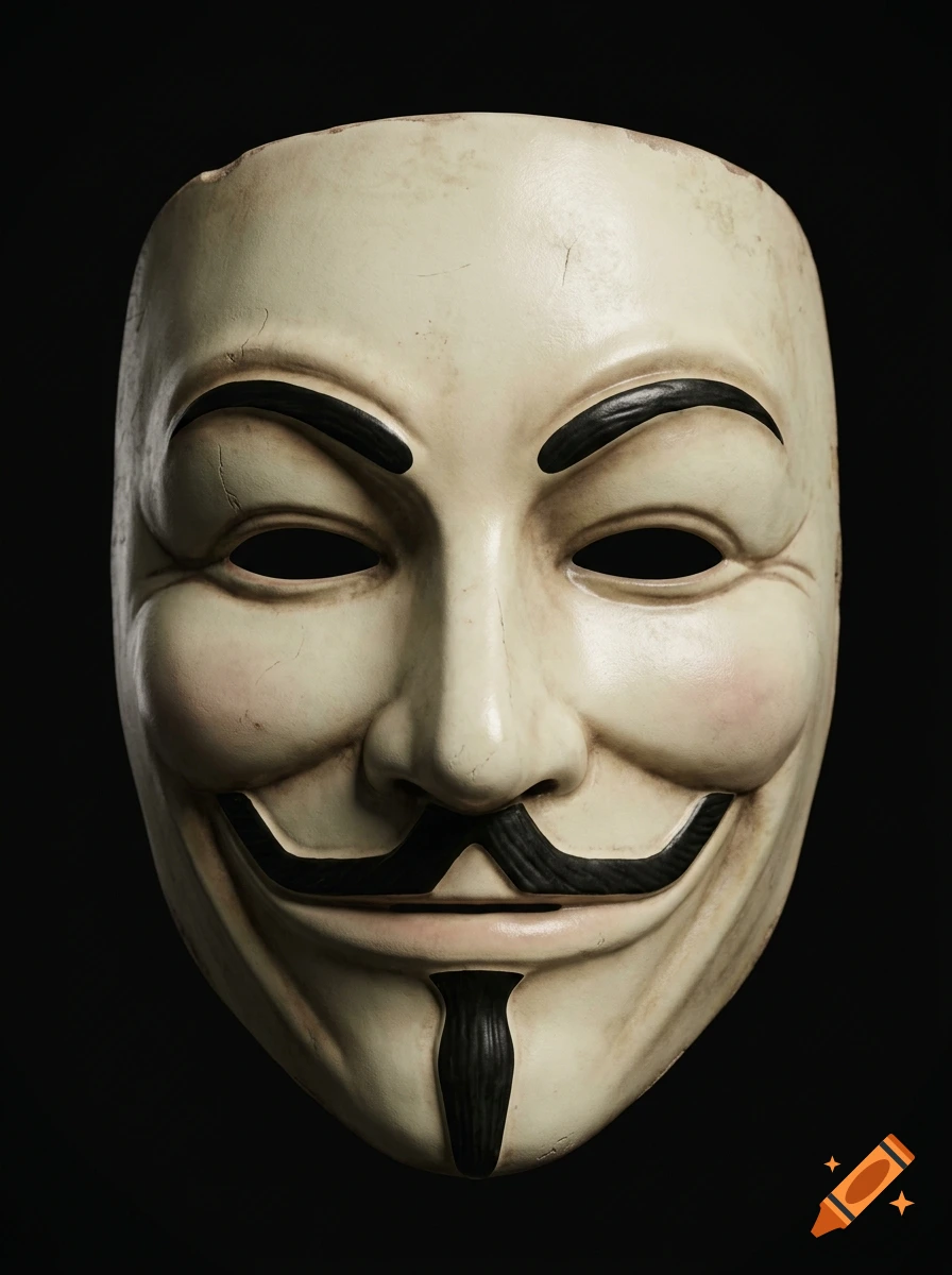 Close-up photograph of a white Guy Fawkes mask with stylized black eyebrows, mustache, and goatee against a dark background.