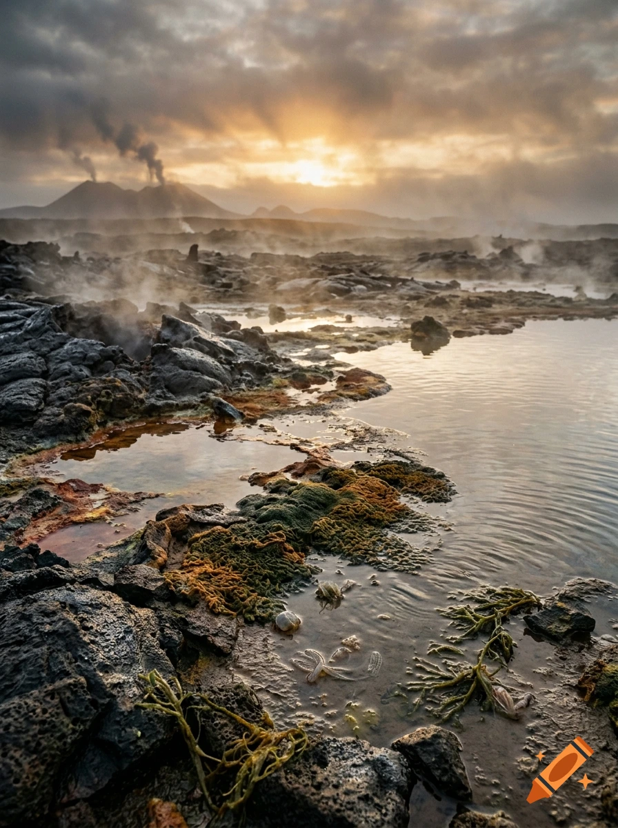 A desolate geothermal landscape with steaming volcanic rocks, mineral pools, and distant smoking mountains under a cloudy sunrise.