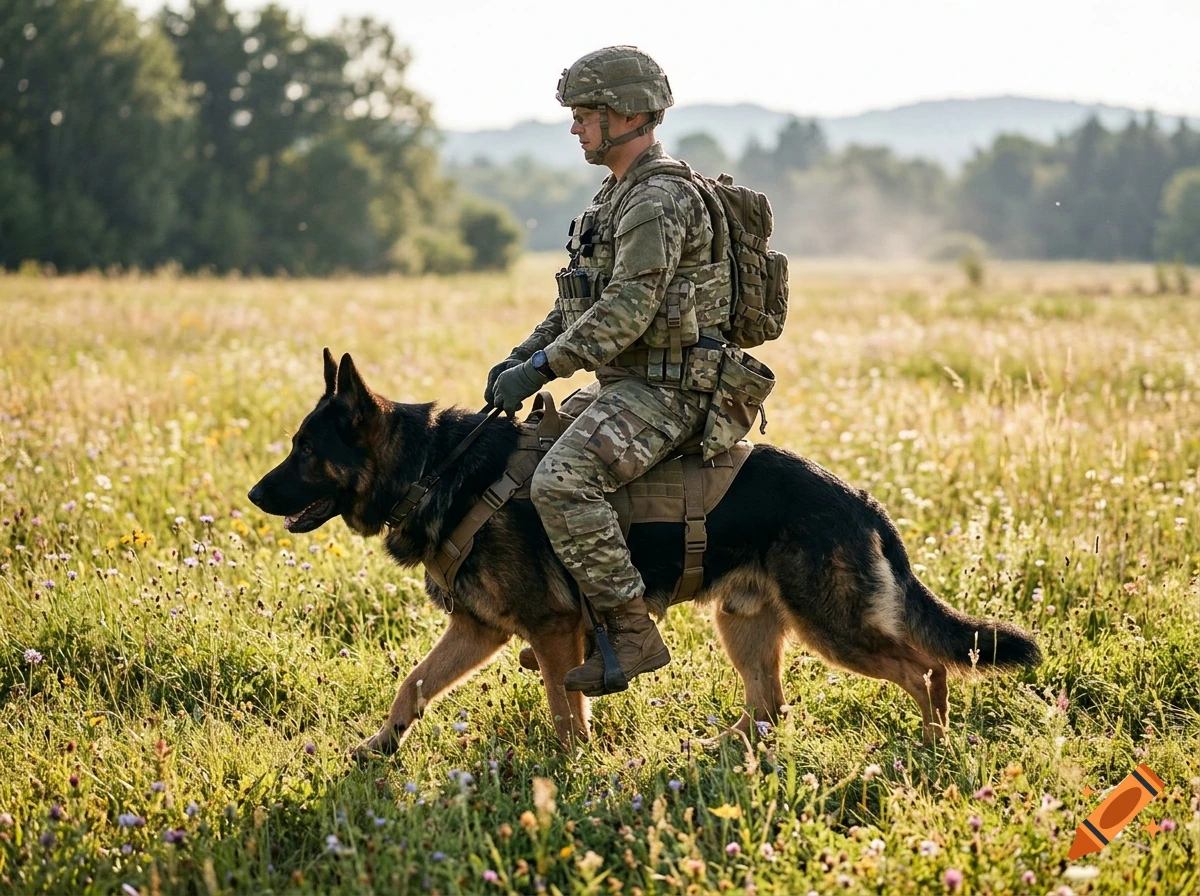 Photorealistic image of a fully equipped soldier riding a German Shepherd in a flowering meadow.