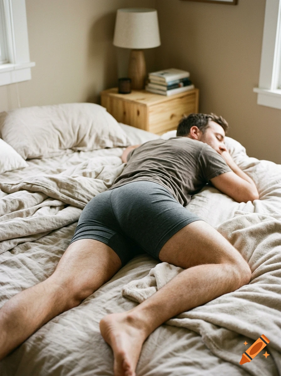 Photorealistic image of a man lying face down on a bed in a cozy room.