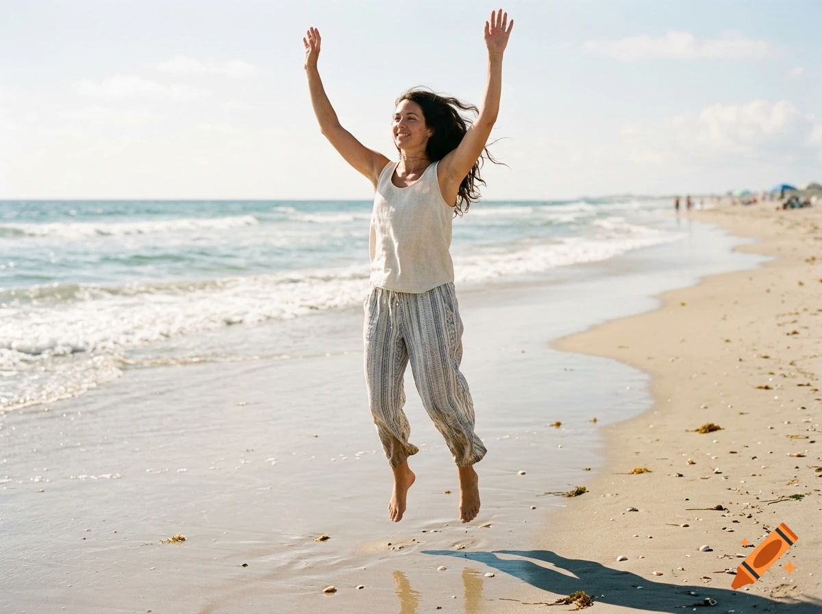 A woman jumps joyfully on a sandy beach with her arms raised, against the backdrop of ocean waves and a clear sky.