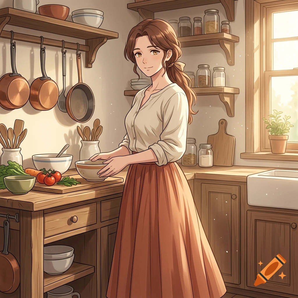 An anime style illustration of a woman in a rustic kitchen preparing food, holding a bowl near a counter with vegetables and hanging pots.