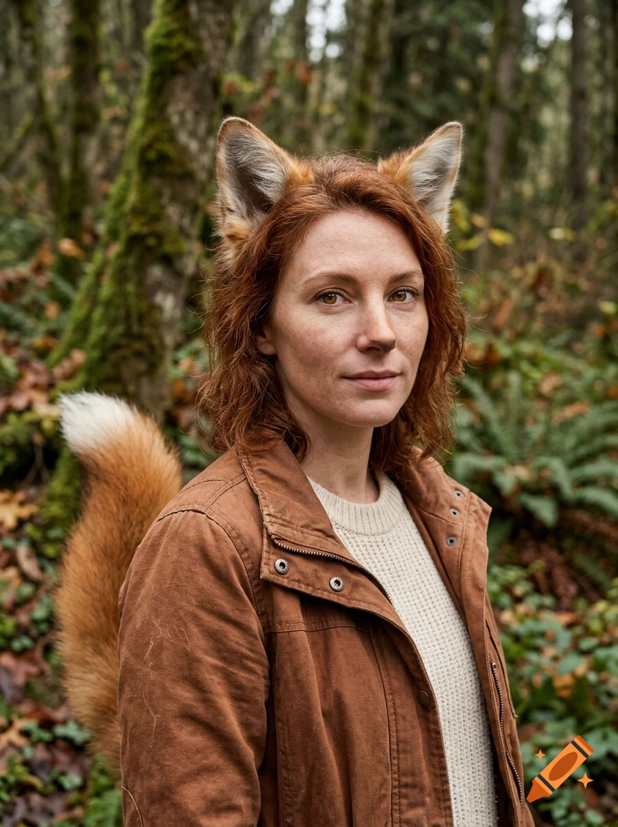 Photorealistic portrait of a woman with fox ears and a fluffy fox tail, standing in a forest.