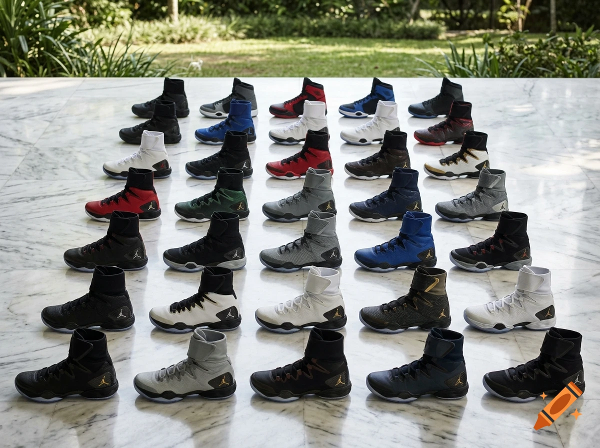An array of various Air Jordan sneakers arranged in rows on a marble floor outdoors.
