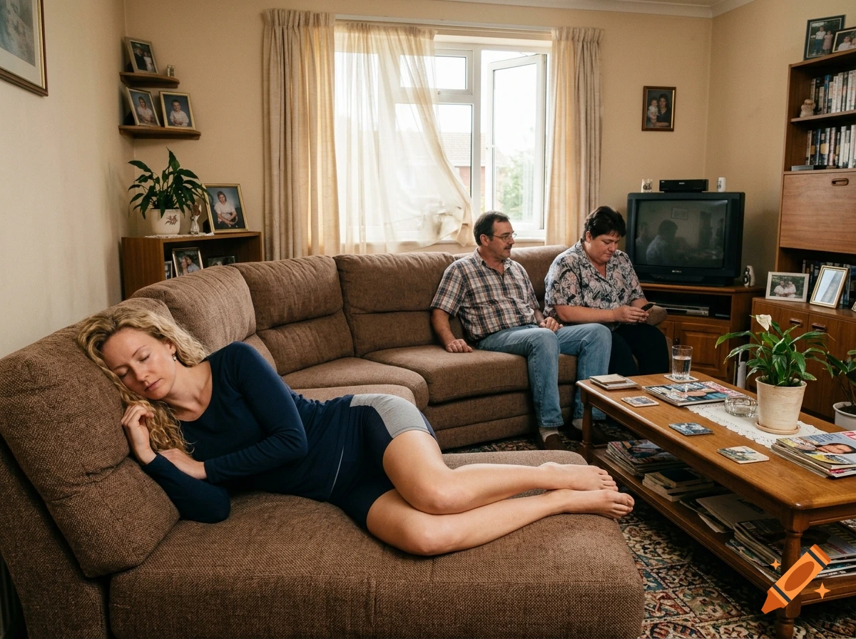 A woman sleeps on a brown sectional sofa while two other people sit in the background of a living room.