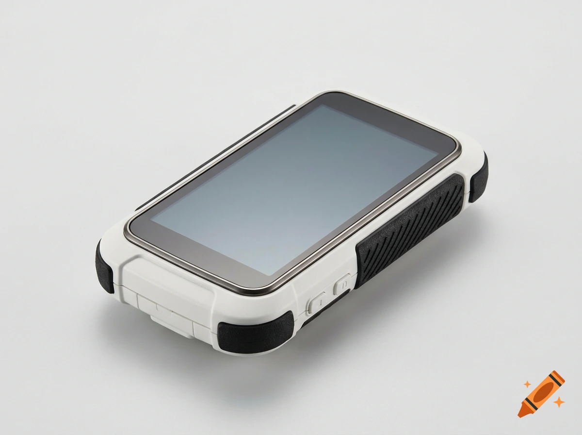 Photorealistic studio product photo of a rugged handheld electronic device with a white plastic body and black rubber grips.