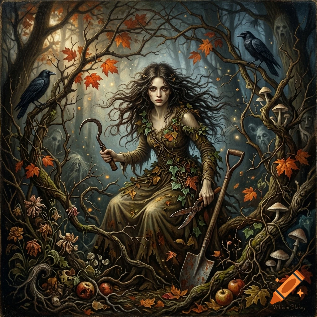 A woman in a woodland setting holding gardening tools, surrounded by autumn leaves, crows, and trees with faces.