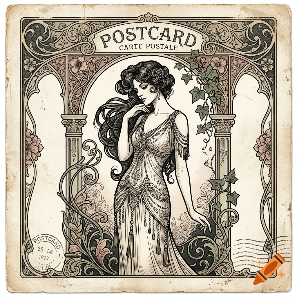 Vintage Art Nouveau style postcard illustration of a woman in an ornate dress surrounded by floral motifs.