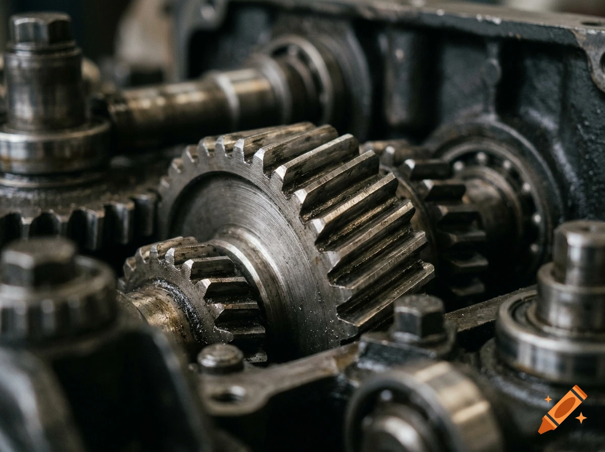 Close-up of interlocking metal gears and mechanical parts in a complex machine, photorealistic.