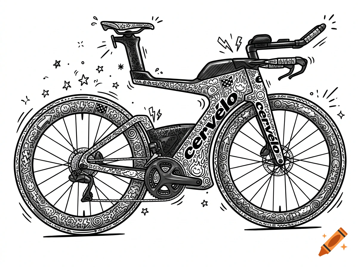 Black and white doodle style illustration of a Cervélo P5X triathlon bike covered in intricate patterns, stars, and symbols.
