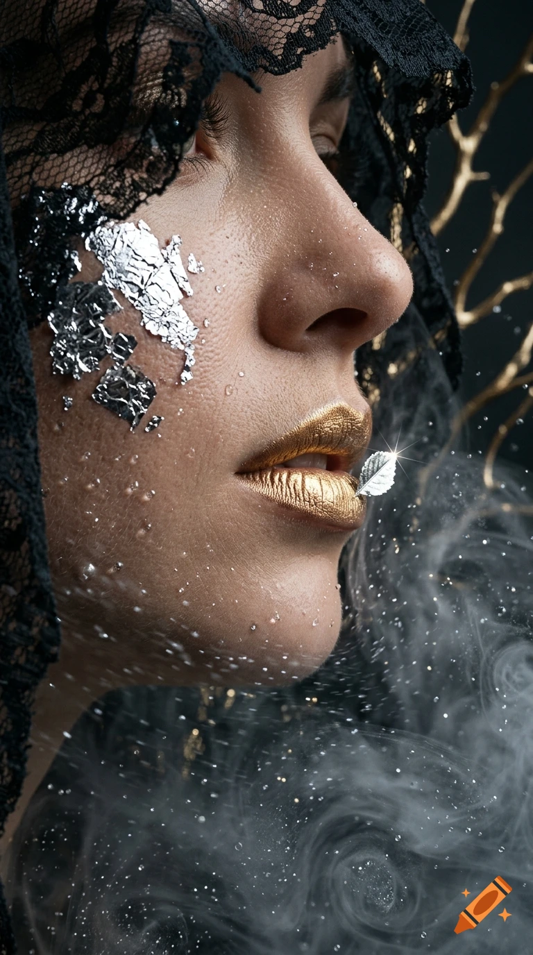 Close-up photorealistic portrait of a woman wearing a black lace veil, gold metallic lipstick, and silver foil accents on her cheek, surrounded by smoke and glitter.
