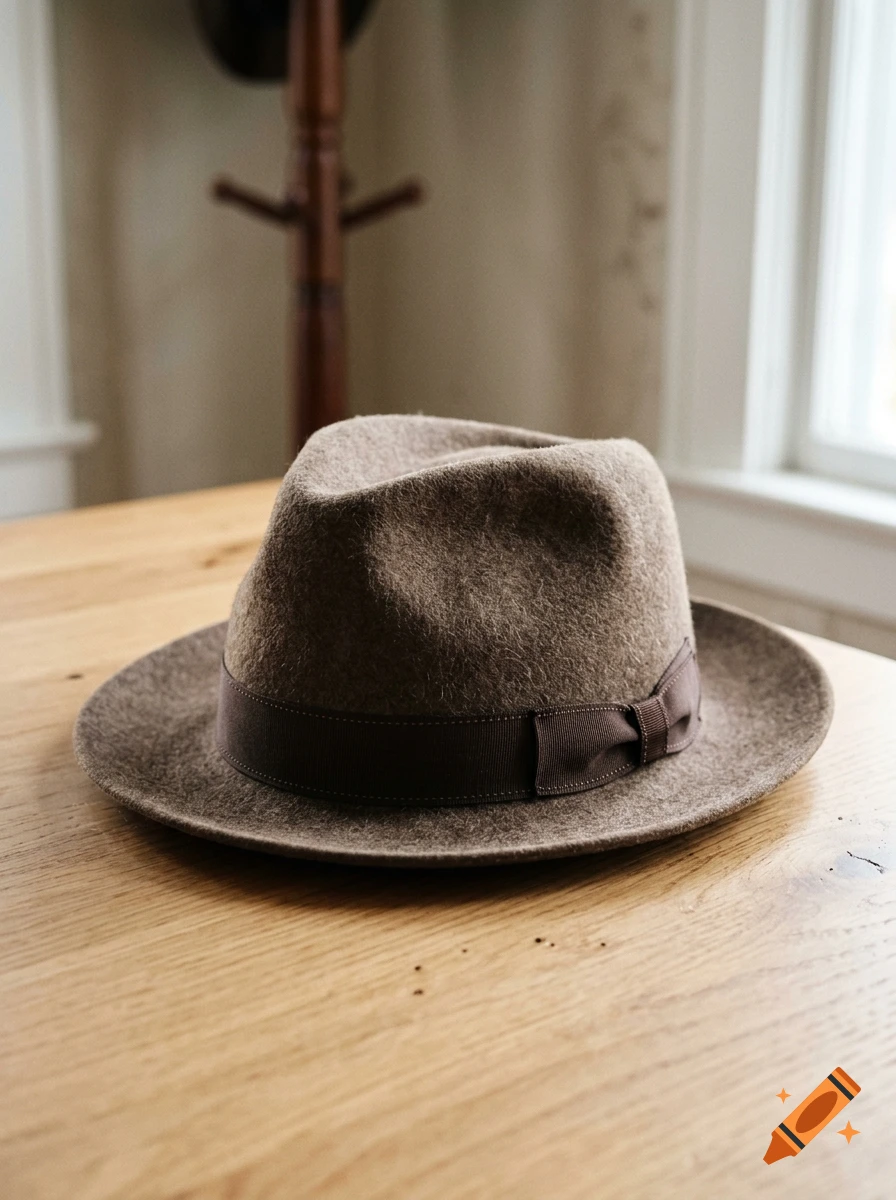 A brown felt fedora hat with a dark ribbon resting on a wooden table.