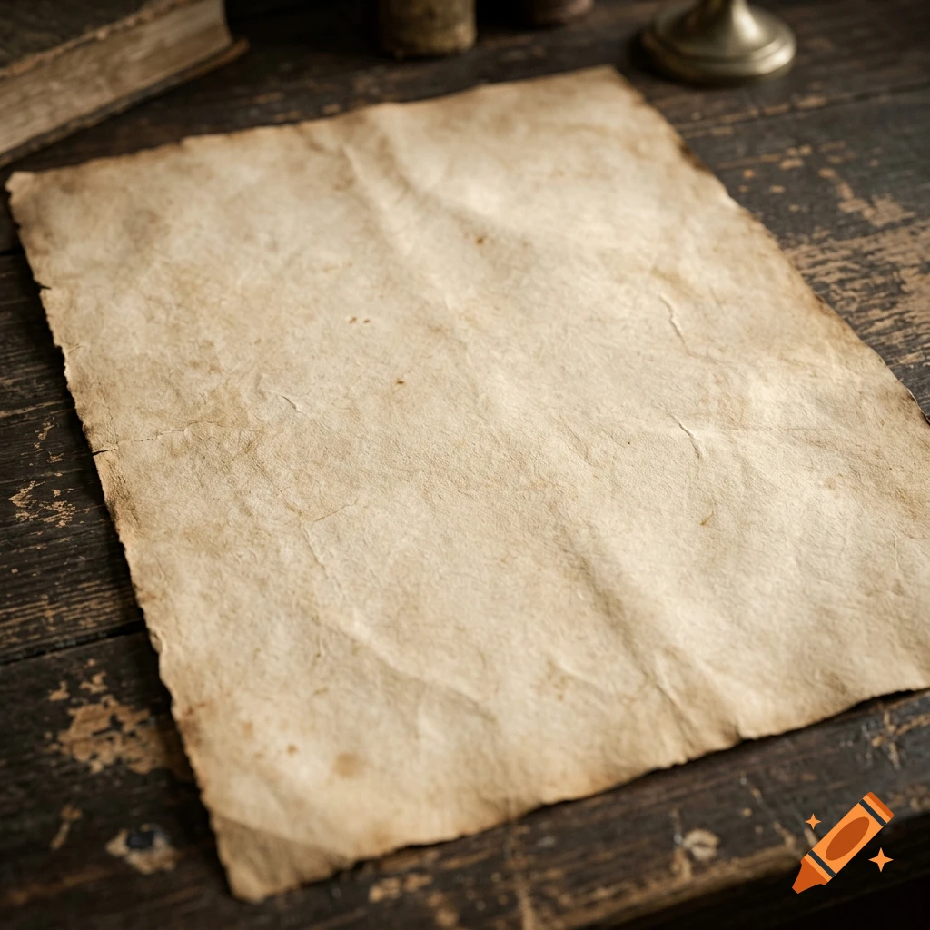 An aged, blank parchment paper sheet lies flat on a dark wooden surface.